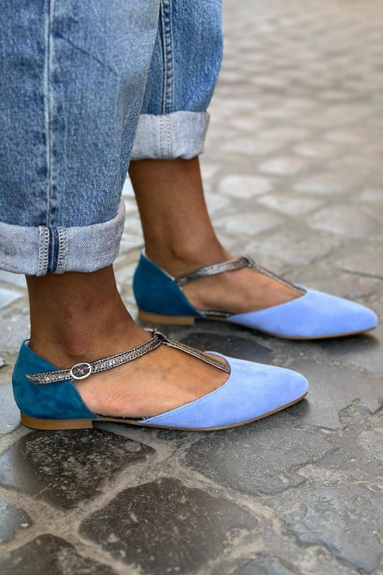 Scarpe basse blu con punta a punta e fibbia a T color block [Pre-ordine]