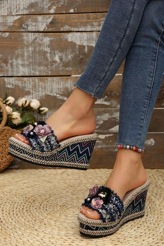 Zeppe casual da esterno con punta tonda e decorazioni floreali 3D multicolor 