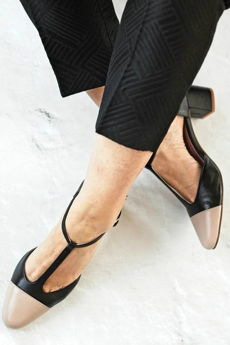 T-Strap Buckle Pointed Toe Colorblock Black Chunky Heels