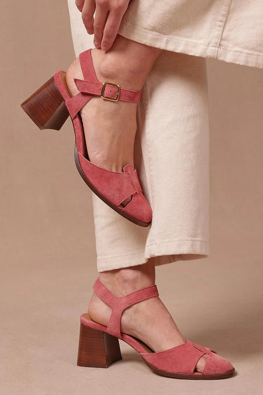 Buckle Ankle Strap Closed Toe Coral Chunky Heels