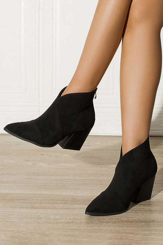 V Cut Pointed Toe Chunky Heels Plain Ankle Boots