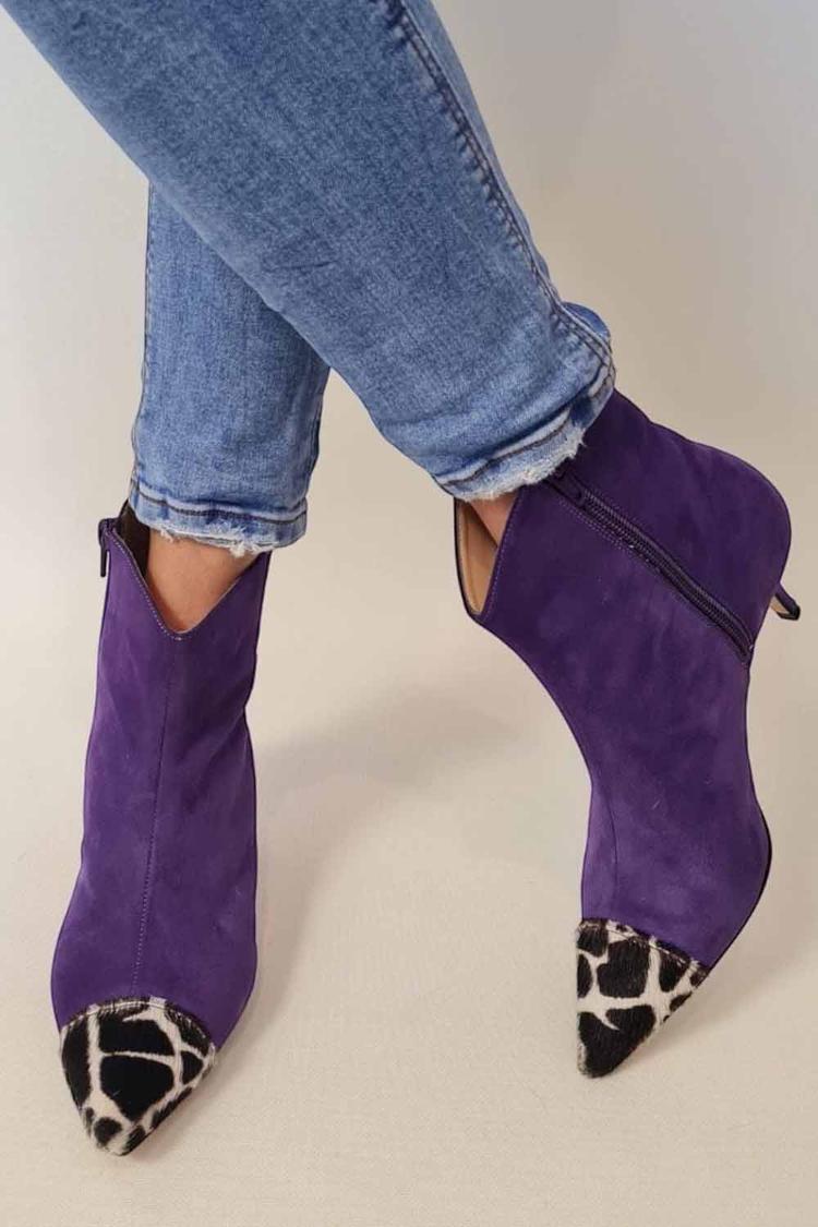 Stivali con tacco a spillo viola, punta a punta, patchwork con stampa leopardata [Pre Ordine]