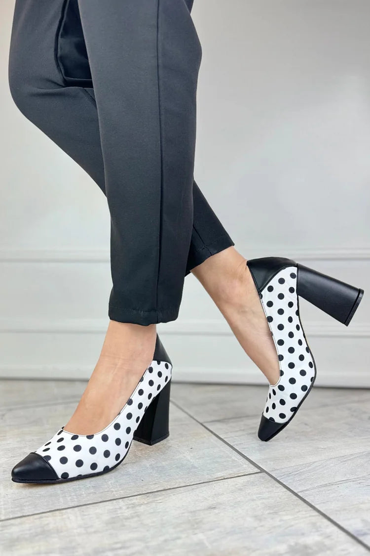 Polka Dot Print Colorblock Pointed Toe White Chunky Heels [Pre Order]