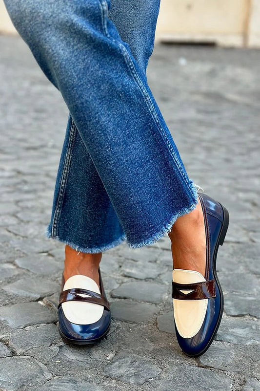 Patchwork Colorblock Round Toe Navy Loafers