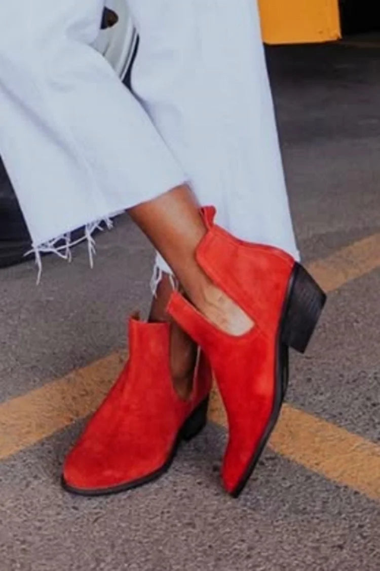 Cutout Pointed Toe Low Block Heel Red Ankle Boots [Pre Order]