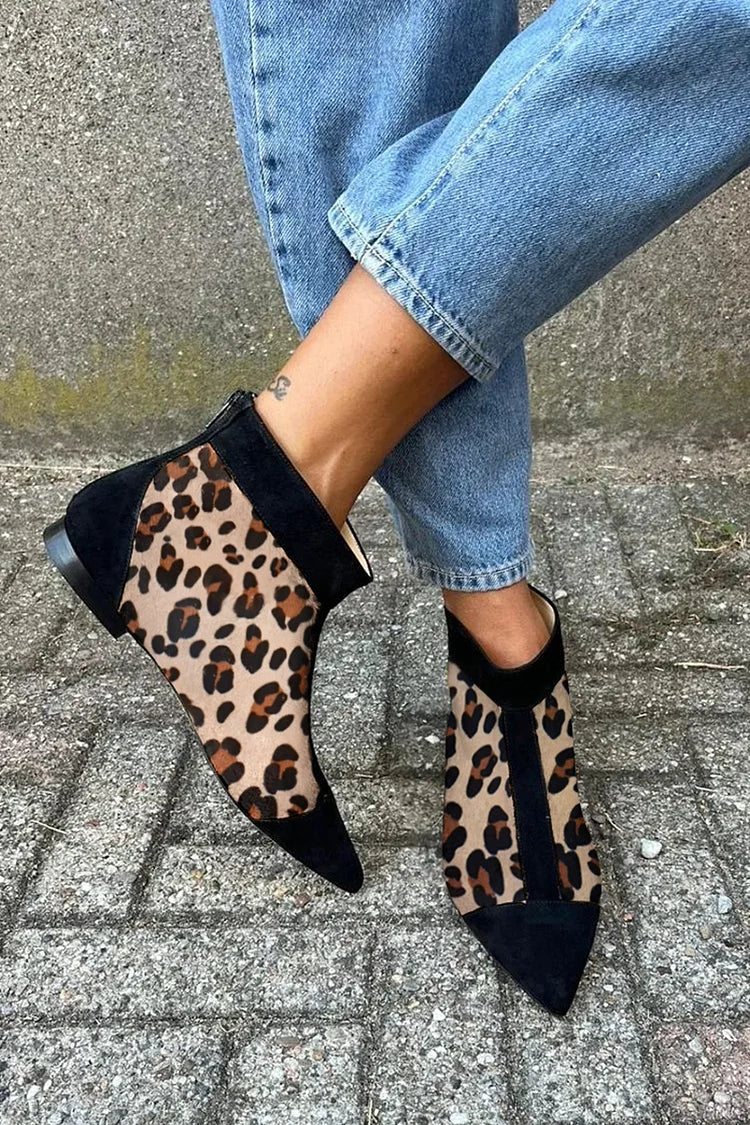 Leopard Print Colorblock Pointed Toe Khaki Ankle Boots