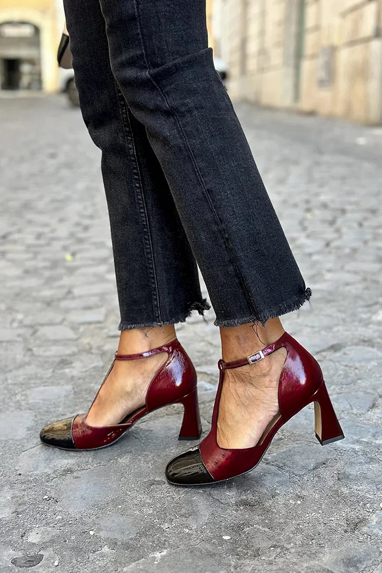 Scarpe col tacco grosso color block bordeaux con fibbia a T [Pre-ordine]