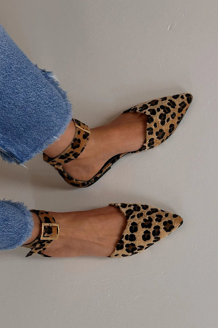 Leopard Pattern Ankle Strap Buckle Pointed Toe Flats [Pre Order]