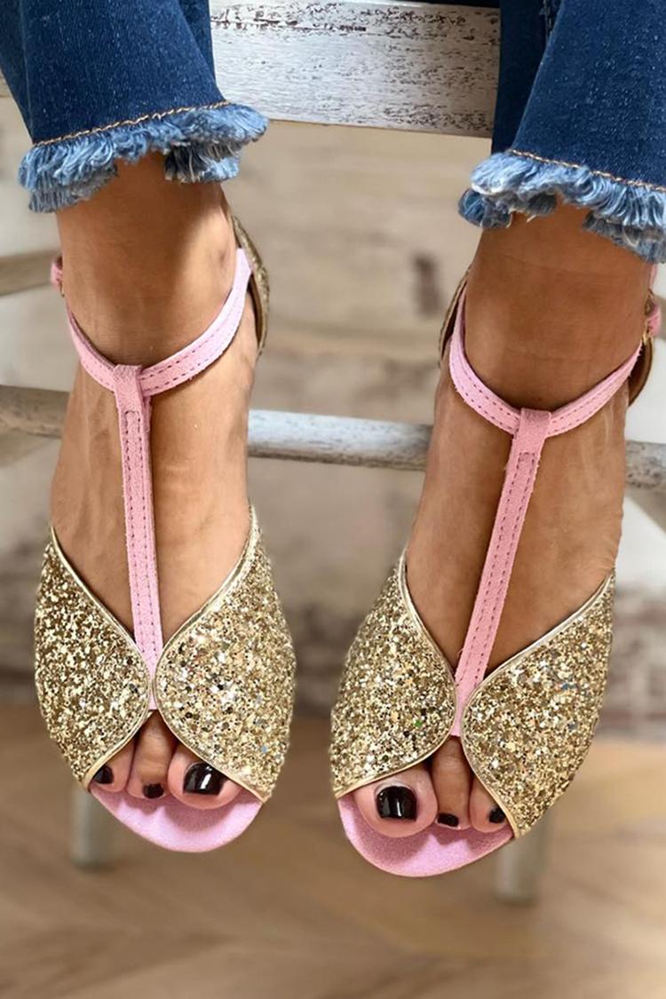 T-Riemen Schnalle Glitzernde Peeptoe Pinke Sandalen [Vorbestellung]