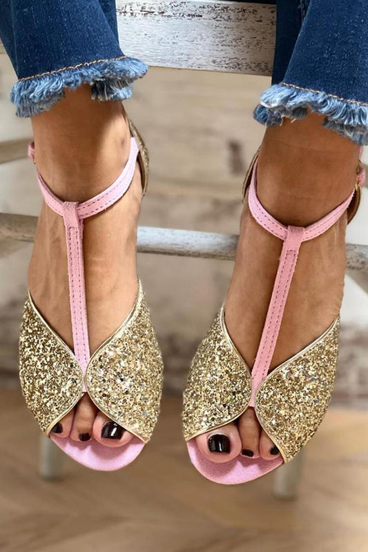 T-Riemen Schnalle Glitzernde Peeptoe Pinke Sandalen [Vorbestellung]