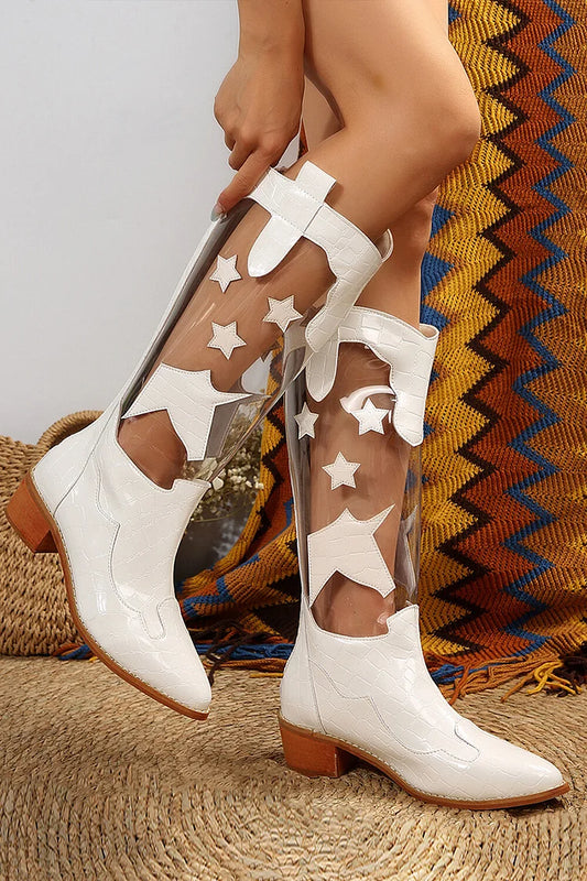 Patchwork Crocodile Print Pointed Toe Low Block Heel Mid Calf Boots