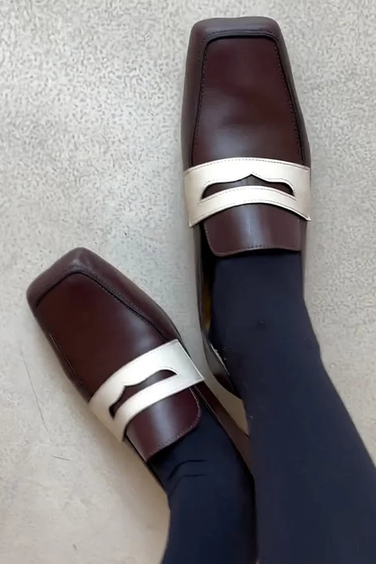 Color Matching Patchwork Square Toe Slides Brown Loafers