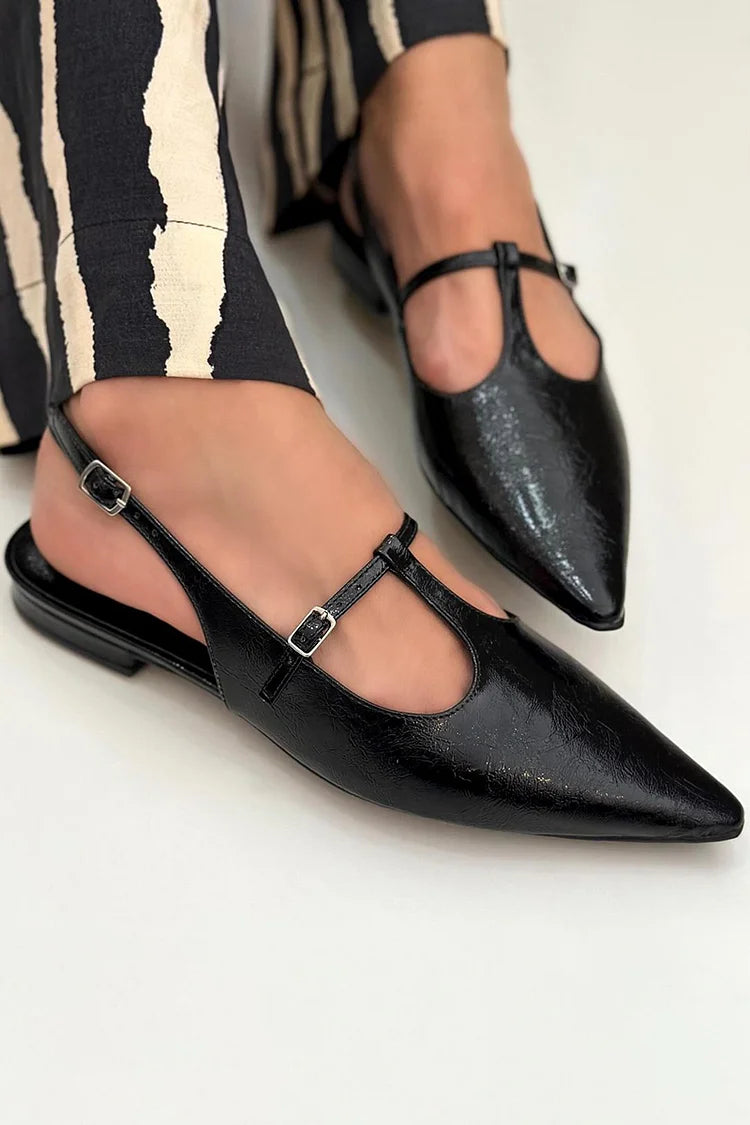 T-Strap Buckle Pointed Toe Slingback Black Flats [Pre Order]