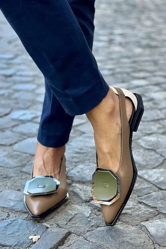 Geometric Decor Colorblock Pointed Toe Brown Flats [Pre Order]