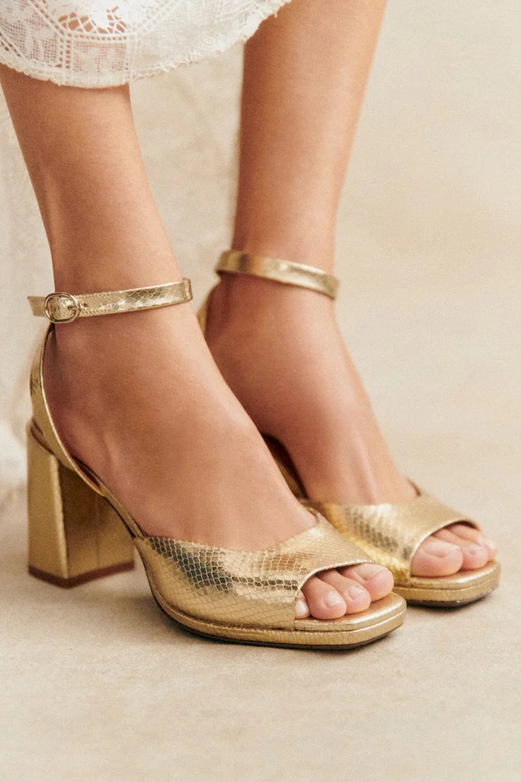 Snake Print Ankle Strap Buckle Square Toe Gold Chunky Heels [Pre Order]