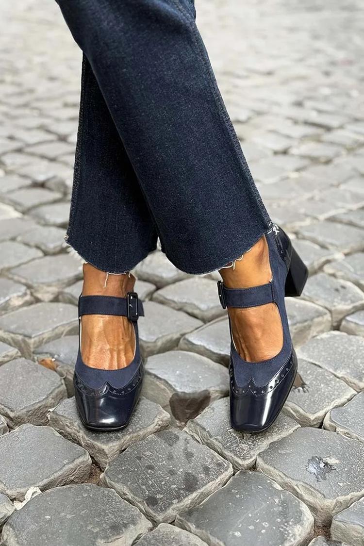 Patchwork Square Toe Instep Strap Buckle Navy Low Heels