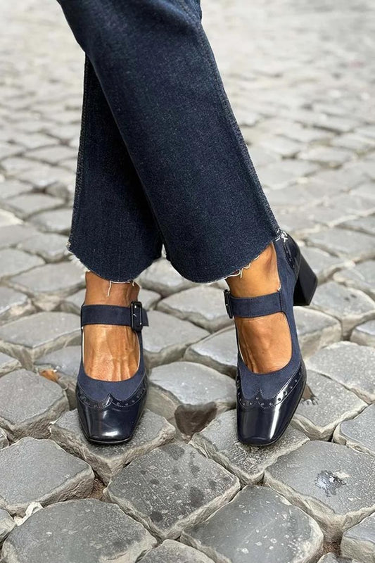 Patchwork Square Toe Instep Strap Buckle Navy Low Heels
