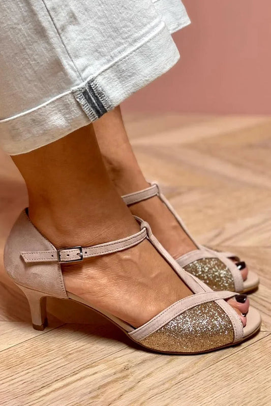 Patchwork T-Strap Fivela Glitter Peep Toe Taupe Salto gatinho