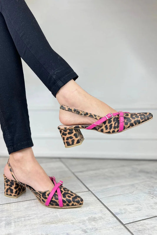 Colorblock Slingback Strap Pointy Toe Leopard Patchwork Low Heels [Pre Order]