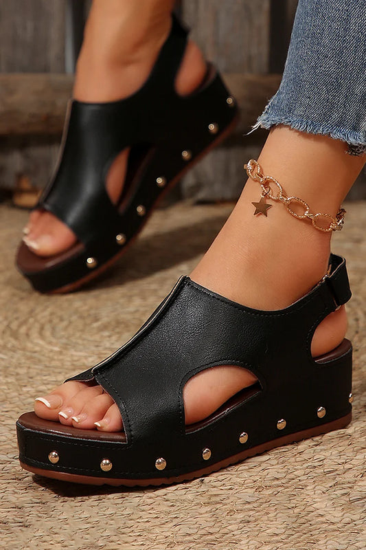 Metallnieten Dekor Solide Farbe Cutout Offene Zehen Wedge Sandalen