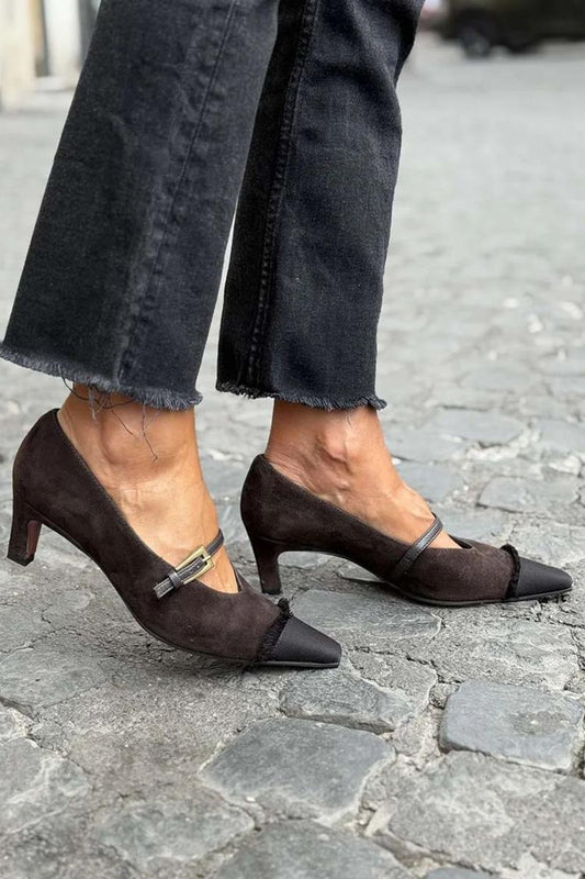 Patchwork Frayed Trim Square Toe Black Kitten Heels [Pre Order]