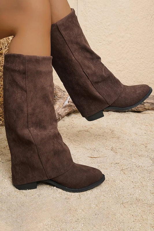 Solid Color Fold Over Chunky Heel Pointed Toe Mid Calf Boots