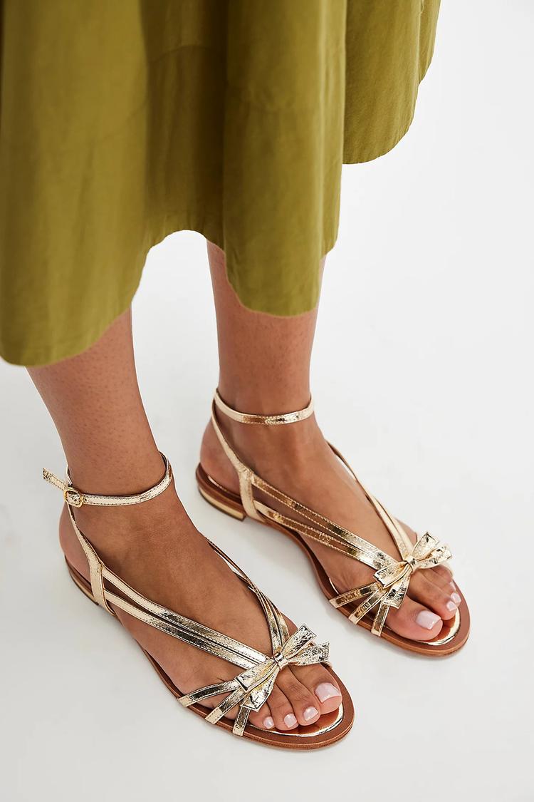 Metallic schimmernde Schleifen-Dekor Knöchelriemen Schnalle Goldene Sandalen [Vorbestellung]