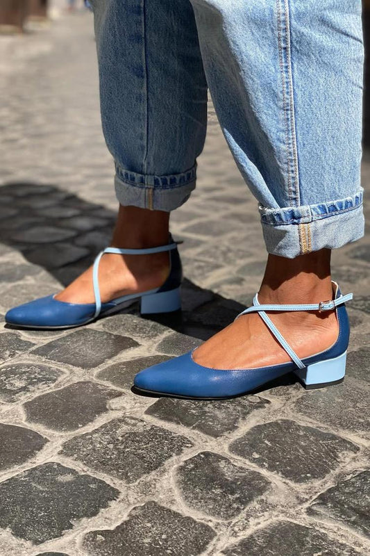 Colorblock Kreuzriemen Schnalle Spitz Zehen Navy Niedrige Absätze [Vorbestellung]