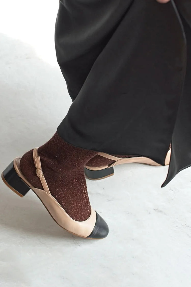 Scarpe con tacco grosso color block a punta tonda e cinturino posteriore color cachi [Pre-ordine]