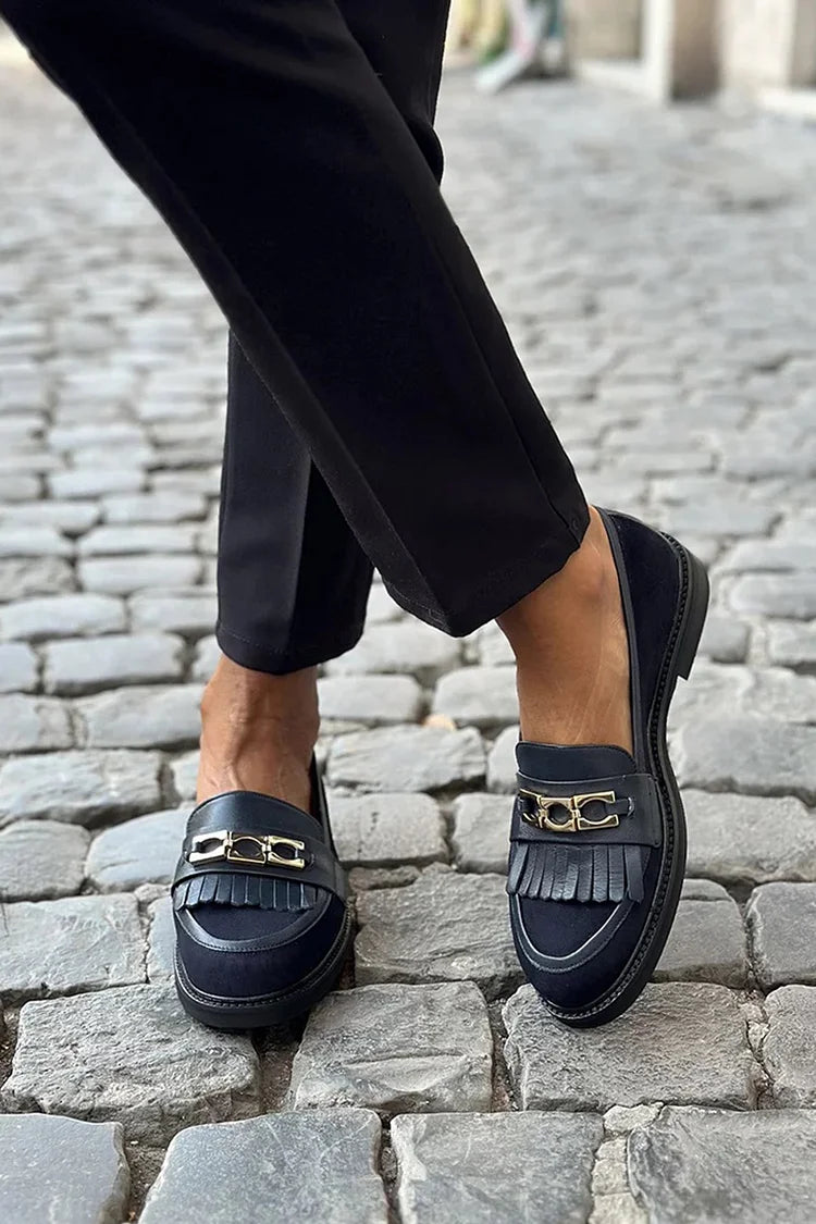 Metal Buckle Fringe Round Toe Patchwork Black Loafers [Pre Order]