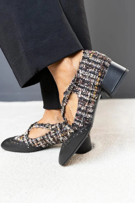 Scarpe con tacco grosso nere, punta quadrata, fibbia e cinturino incrociato [Pre-ordine] 