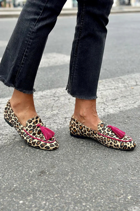 Leopard Print Colorblock Tassels Decor Slip On Loafers