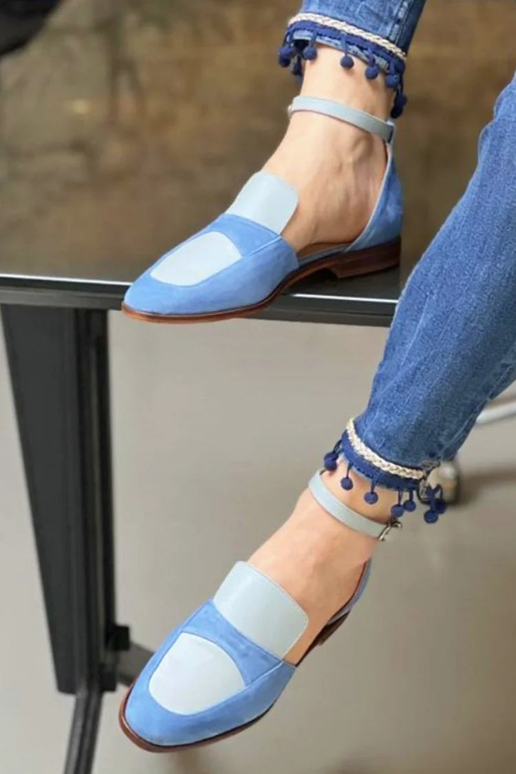 Ankle Strap Buckle Colorblock Round Toe Blue Flats