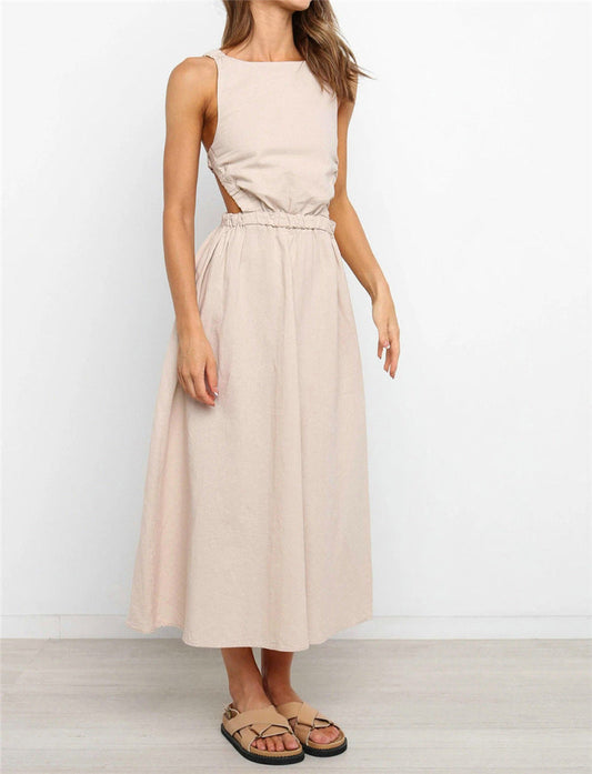 Solid Color Linen Backless Dress