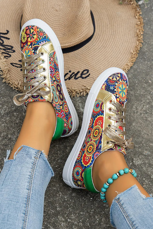 Multicolor Boho Pattern Print Patchwork Round Toe Lace Up Sneakers