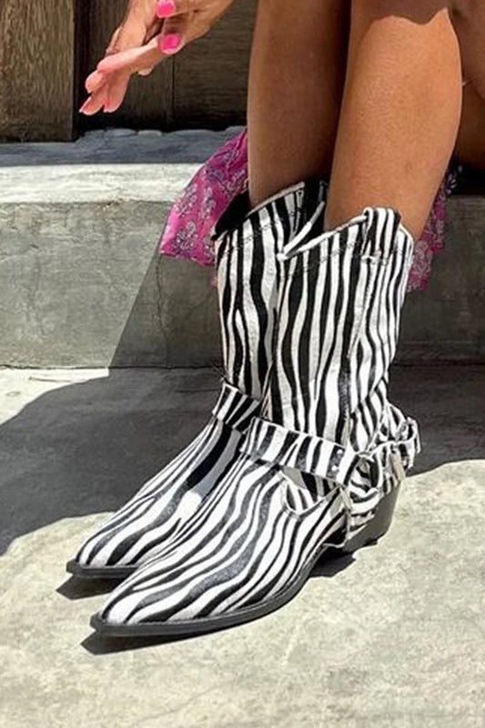 Zebra Print Pointed Toe Chunky Heel White Mid Boots [Pre Order]