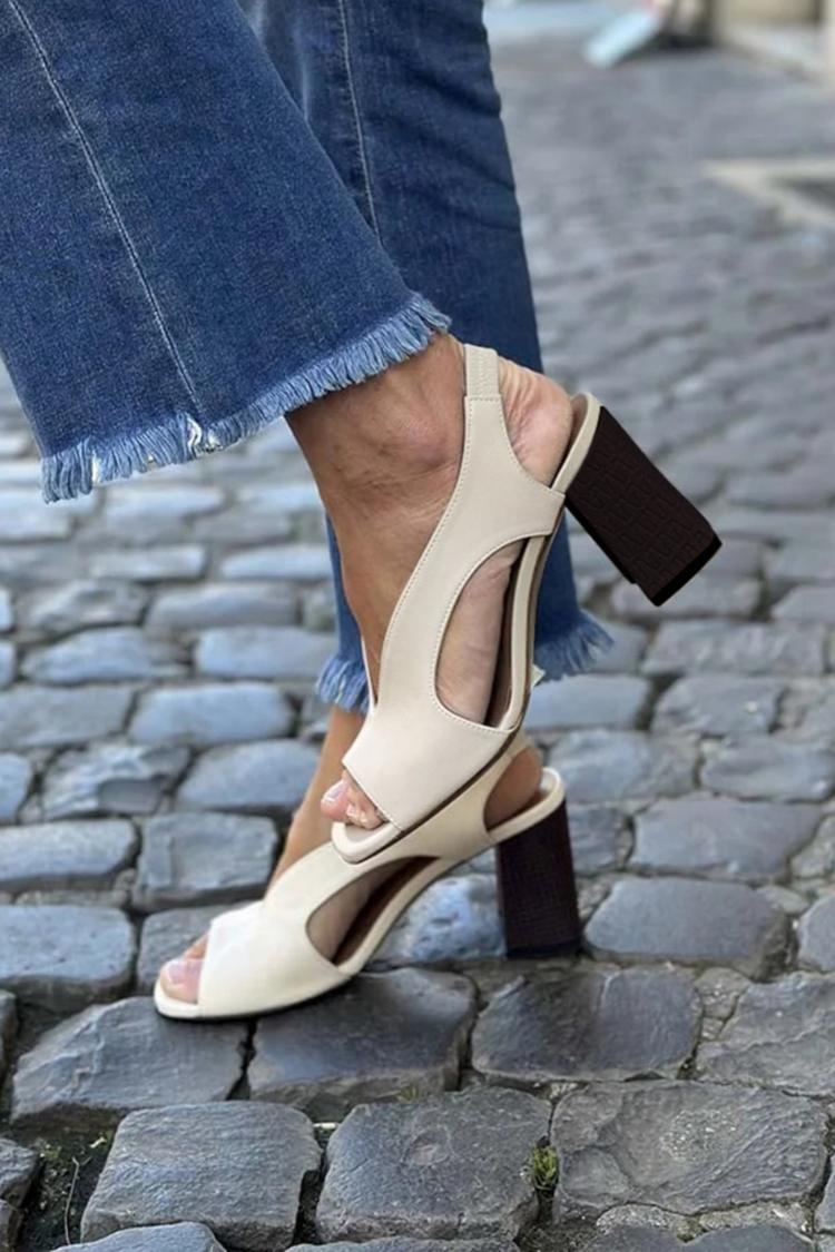 Solid Color Cutout Open Toe Slingback Beige Chunky Heels [Pre Order]