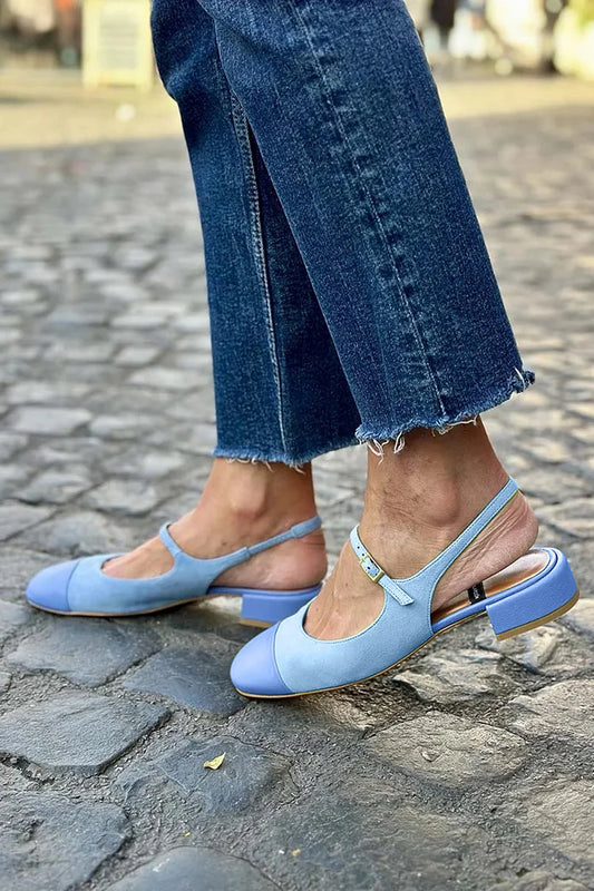 Tacco spesso blu con cinturino sul collo del piede e fibbia patchwork [Pre-ordine]