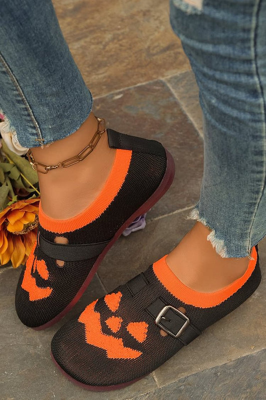 Colorblock Halloween Pumpkin Pattern Strap Buckle Decor Round Toe Flats