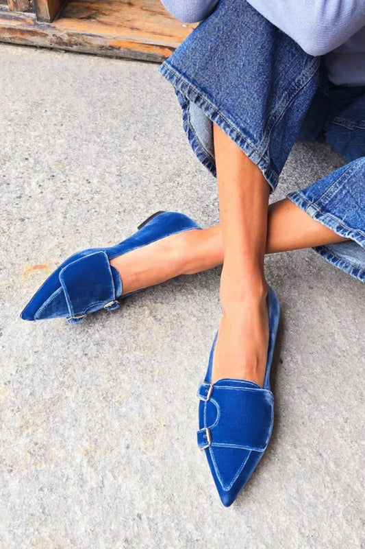 Klamry patchworkowe jednokolorowe aksamitne niebieskie baleriny z ostrym noskiem [Przedsprzedaż]
