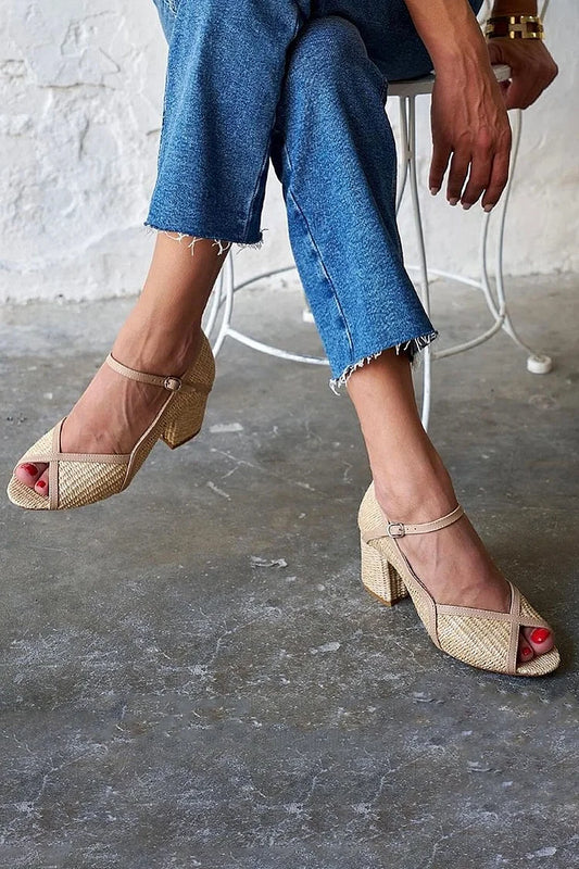 Woven Peep Toe Patchwork Beige Chunky Heels [Pre Order]