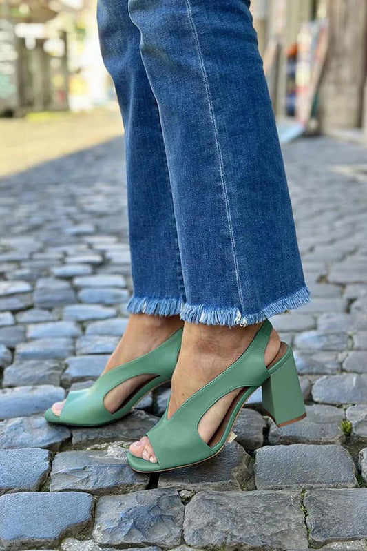 Scarpe con tacco grosso verdi a punta aperta e intagliate in tinta unita [Pre-ordine] 