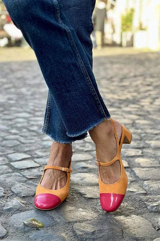 Farbblock Instep Riemen Schnalle Slingback Orange Chunky Absätze [Vorbestellung]