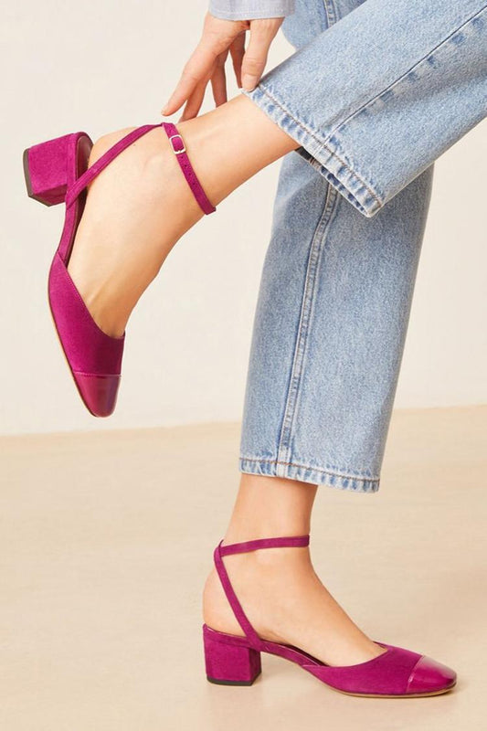 Scarpe con tacco grosso color magenta, punta quadrata, cinturino alla caviglia e fibbia patchwork [Pre-ordine]