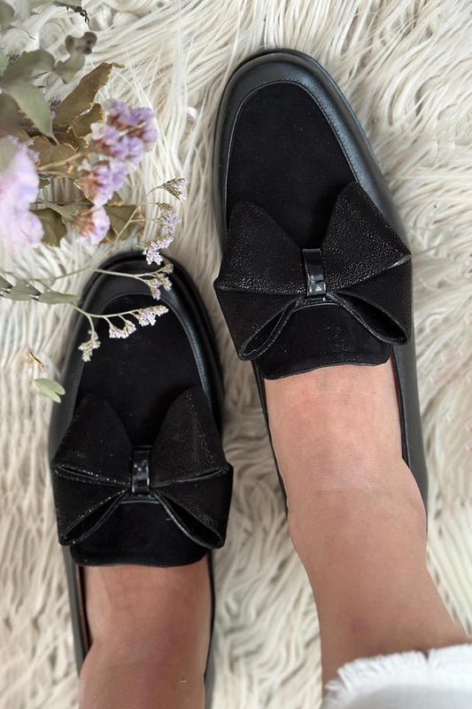 Schleifen-Dekor Patchwork Rundzehen Schwarze Loafers [Vorbestellung]
