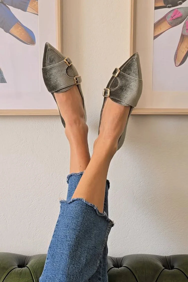 Solid Color Patchwork Buckles Pointed Toe Gray Flats [Pre Order]