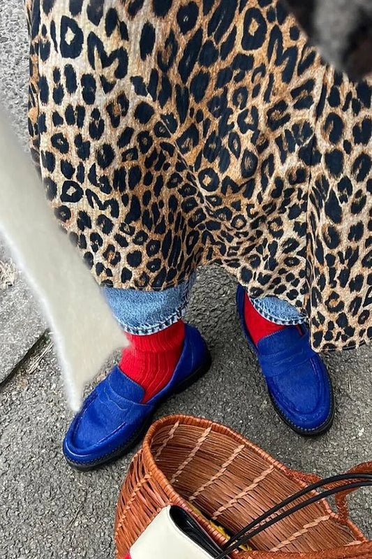 Niebieskie mokasyny z okrągłym noskiem w jednolitym kolorze i wzorem patchwork [Przedsprzedaż]