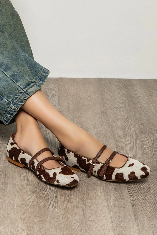 Cow Pattern Two Straps Buckles Round Toe Beige Flats [Pre Order]