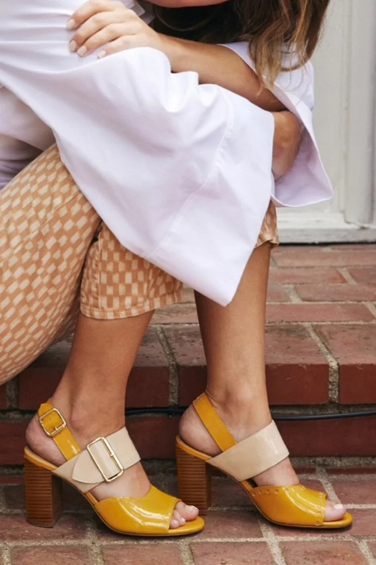 Farbblock Riemen Schnalle Offene Zehen Slingback Gelbe Chunky Absätze [Vorbestellung]