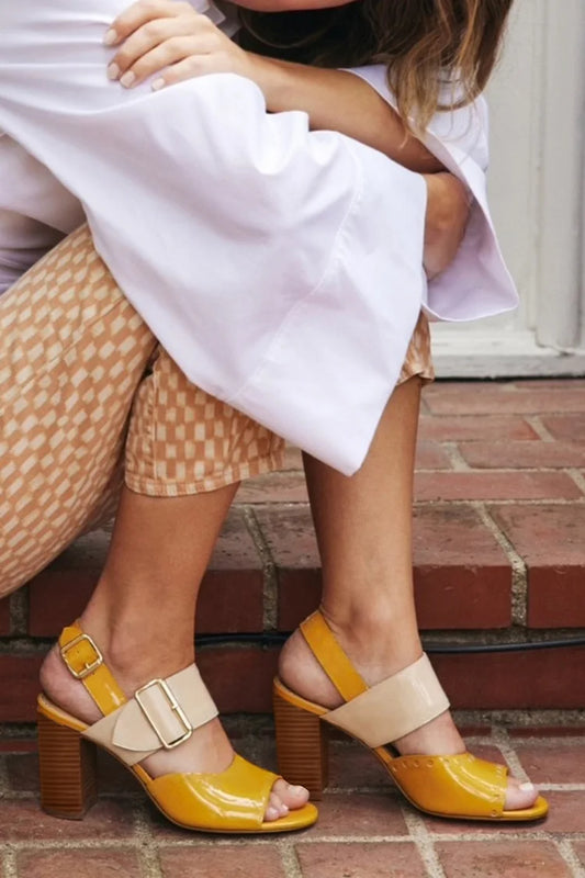 Farbblock Riemen Schnalle Offene Zehen Slingback Gelbe Chunky Absätze [Vorbestellung]